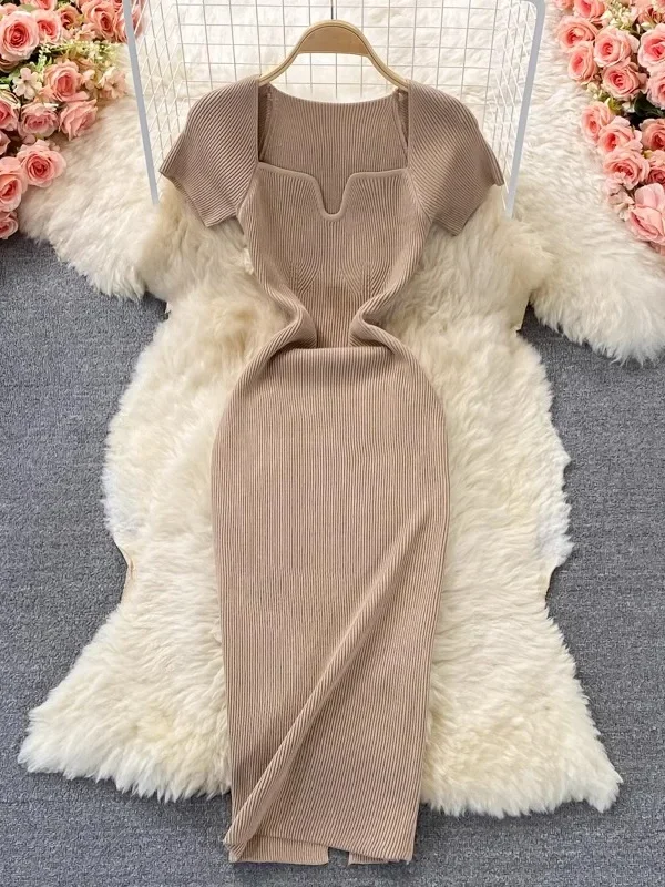 Square Collar Knitted Bodycon Dress for Women Summer Office Lady