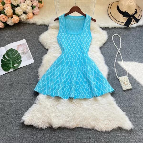 Women Summer Geometric Knitted A Line Mini Dress Square Collar Sleeveless