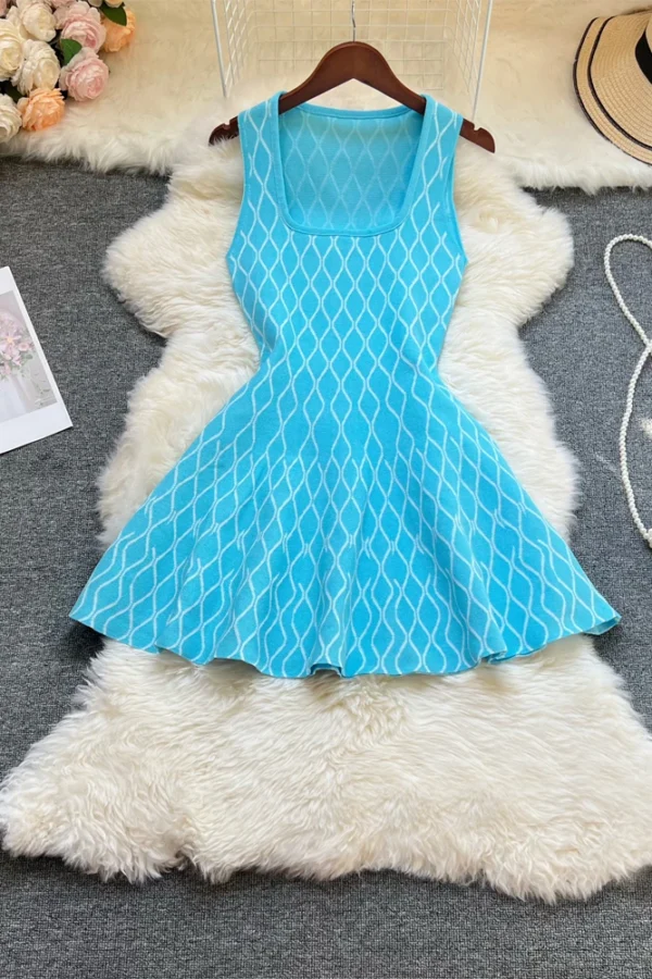 Women Summer Geometric Knitted A Line Mini Dress Square Collar Sleeveless