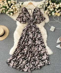 Retro Floral Print A Line Chiffon Midi Dress for Women Summer Vacation