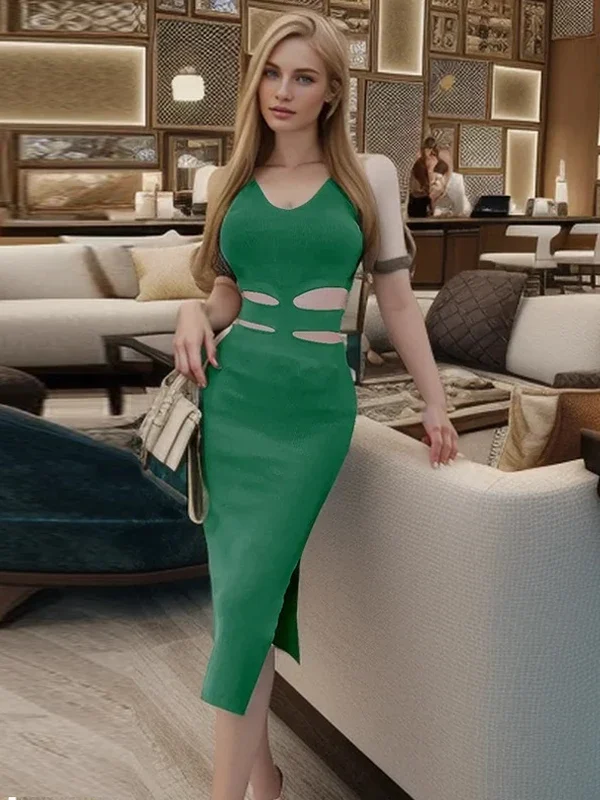 Alternative view of Women Hollow Out Knit Mid Calf V Neck Club Party Dress