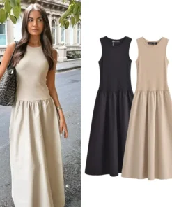 Black Sleeveless Polyester Ankle Length Fit Flare Dress for Women