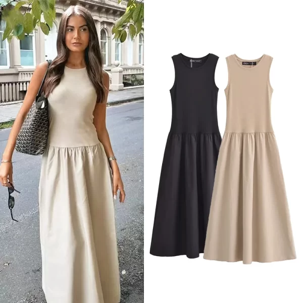 Black Sleeveless Polyester Ankle Length Fit Flare Dress for Women