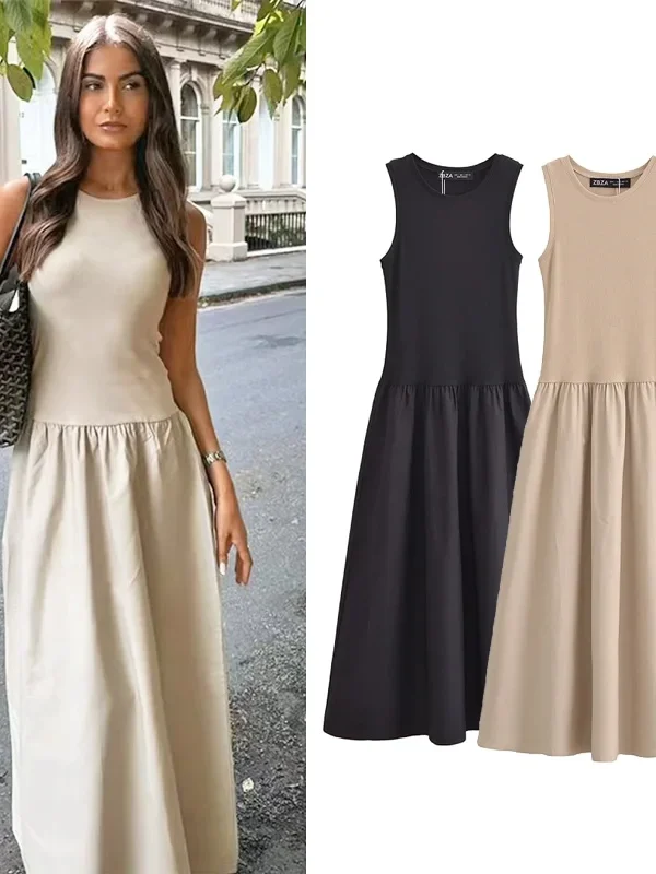 Black Sleeveless Polyester Ankle Length Fit Flare Dress for Women