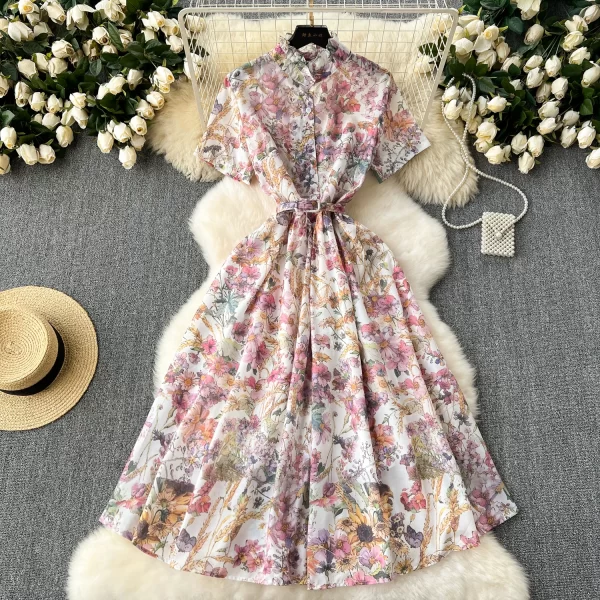Elegant Vintage Print O-Neck Mid Calf Polyester Cotton Dress for Women