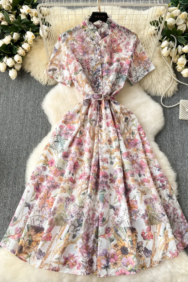 Elegant Vintage Print O-Neck Mid Calf Polyester Cotton Dress for Women