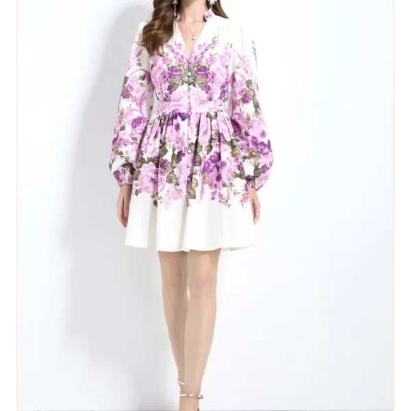 Alternative view of French Print V-Neck Long Sleeve A Line Casual Dress Mid Calf Autumn