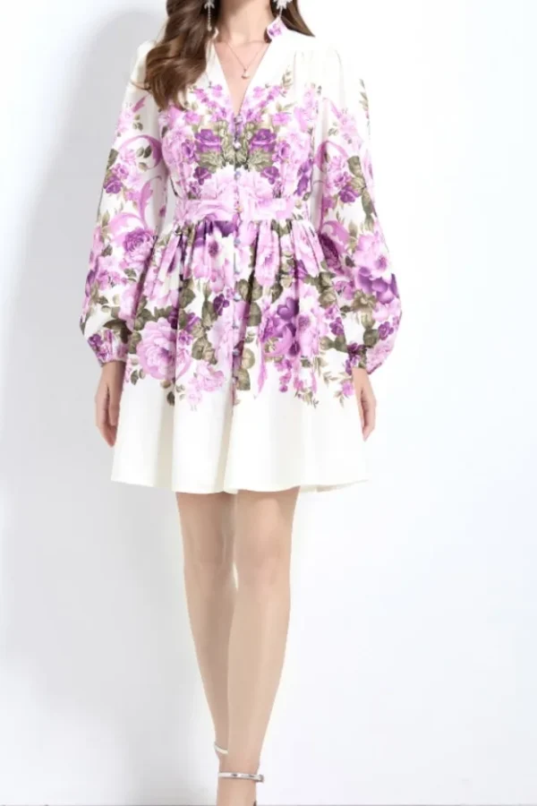 Alternative view of French Print V-Neck Long Sleeve A Line Casual Dress Mid Calf Autumn