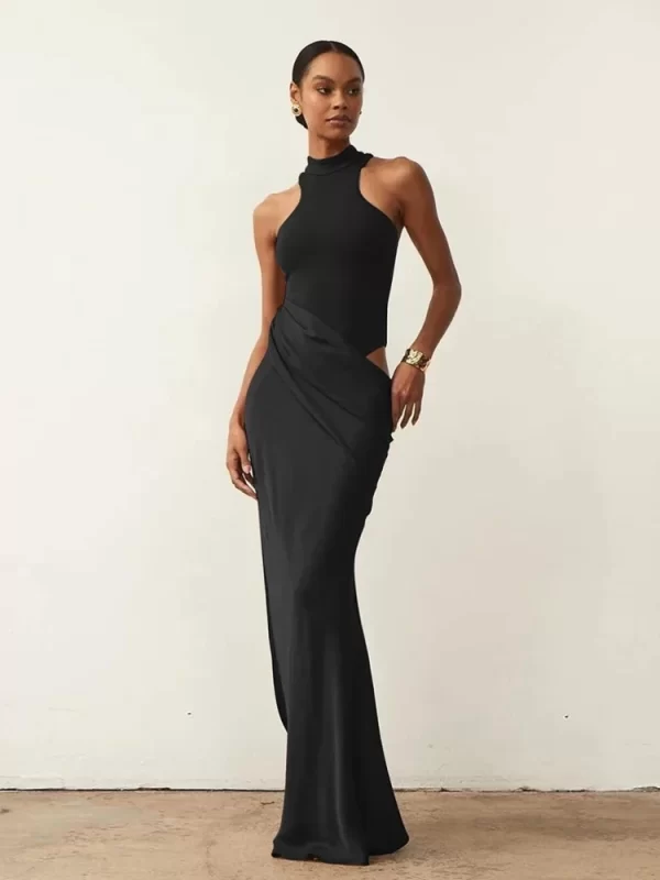 Black Hollow Out Maxi Dress for Women Sleeveless High Waist Sexy Clubwear