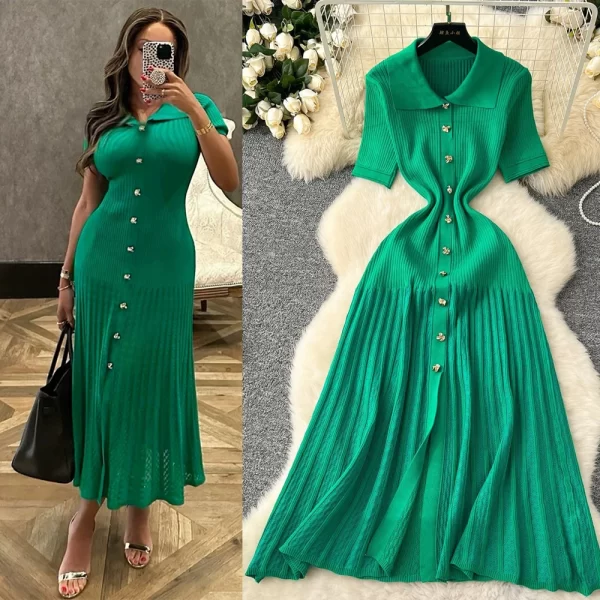 Elegant Knit Maxi Dress for Women Turn Down Collar Short Sleeve A Line