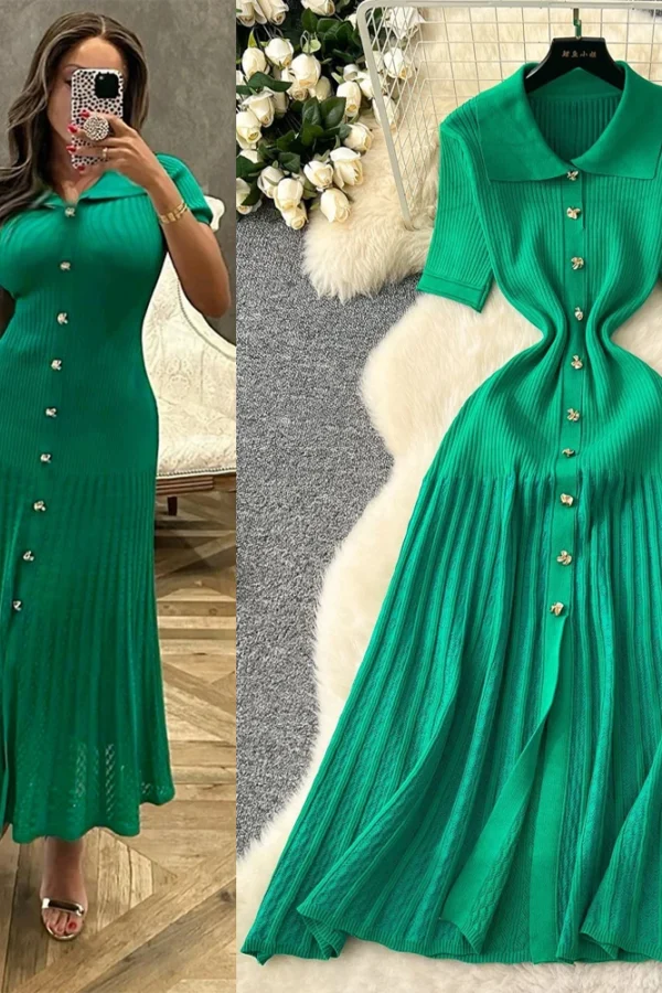 Elegant Knit Maxi Dress for Women Turn Down Collar Short Sleeve A Line