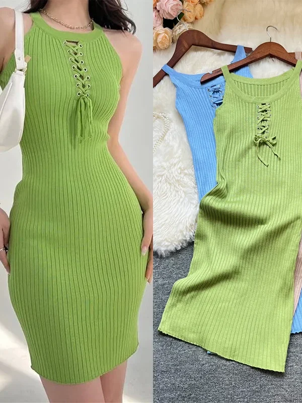 Summer Knitted Mini Dress Bandage Bodycon Streetwear