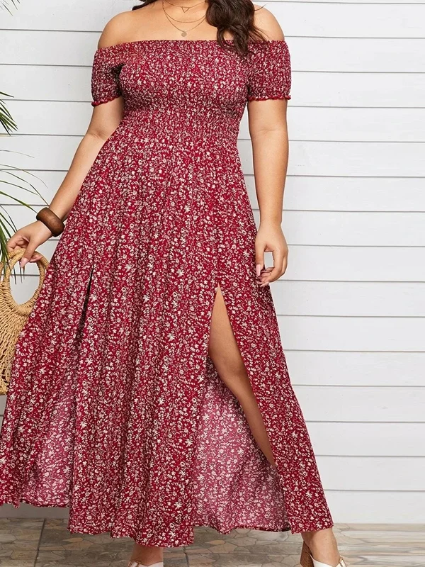 Alternative view of Summer Womens Boho Floral Print Off Shoulder A-Line Plus Size Dress