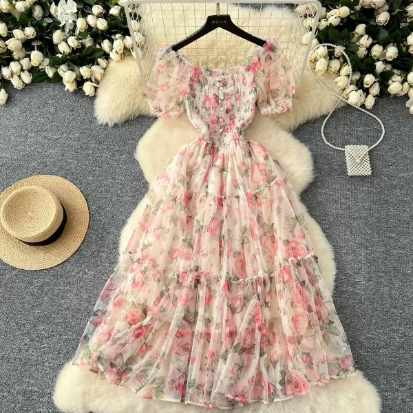 Autumn Floral Slash Neck Puff Sleeve A Line Chiffon Dress