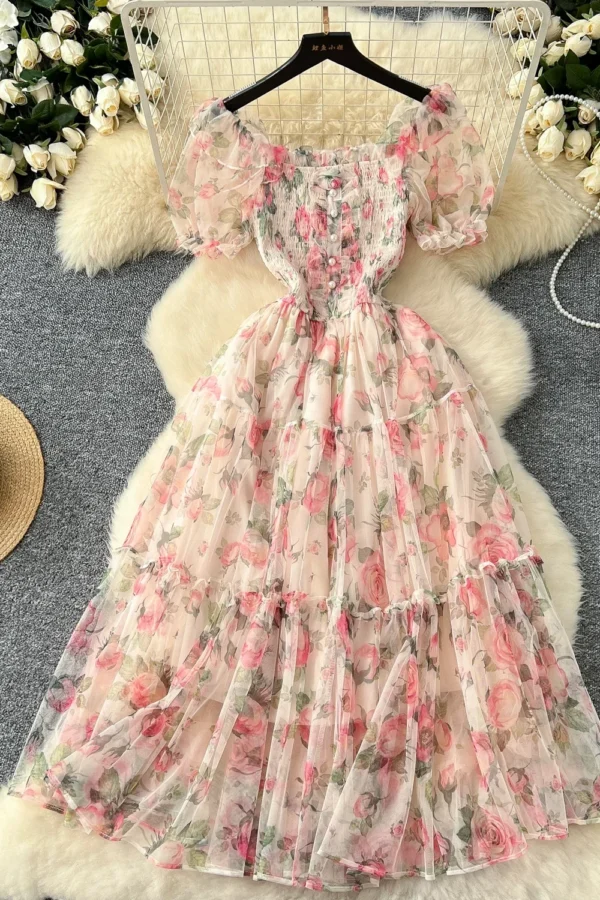 Autumn Floral Slash Neck Puff Sleeve A Line Chiffon Dress