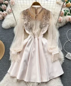 Retro O-Neck A-Line Long Sleeve Embroidered Beads Dress