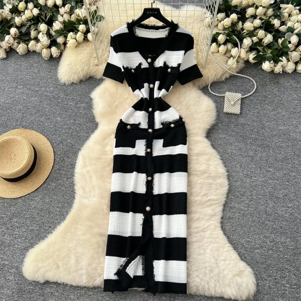 2025 Spring Summer Knit Striped V Neck Empire Waist Mid Calf Dress