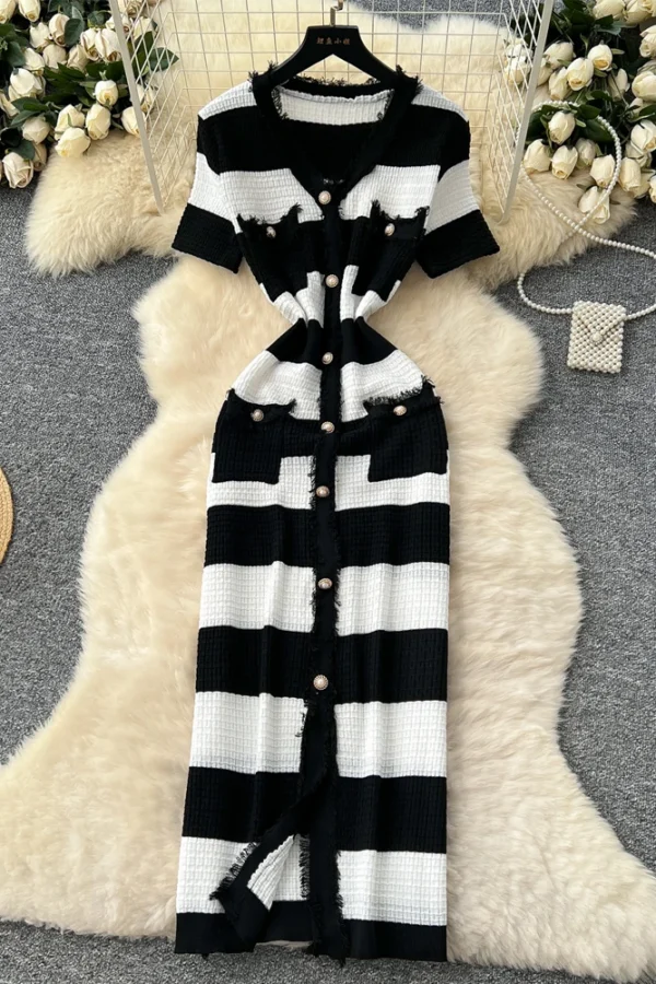 2025 Spring Summer Knit Striped V Neck Empire Waist Mid Calf Dress