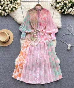Printed A-Line Lantern Sleeve Ankle Length Dress for Women