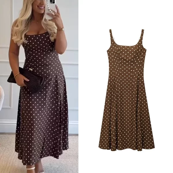 Women's Summer Polka Dot Square Collar Sleeveless A-line Mid-Calf Dress