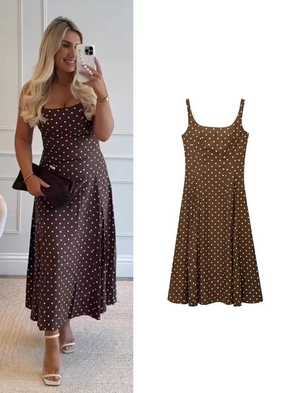 Women's Summer Polka Dot Square Collar Sleeveless A-line Mid-Calf Dress