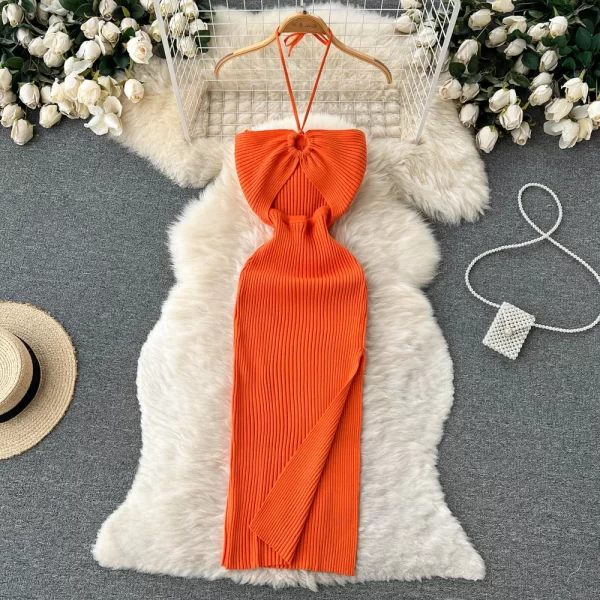 Slim Fit Summer Knit Dress Strapless Empire Waist Knee Length Streetwear