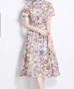 Alternative view of Elegant Vintage Print O-Neck Mid Calf Polyester Cotton Dress for Women