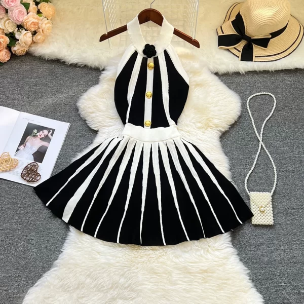 Sexy Halter Knit Dress Black White Striped Pleated Mini Dress for Women