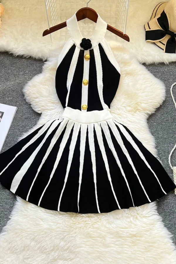 Sexy Halter Knit Dress Black White Striped Pleated Mini Dress for Women