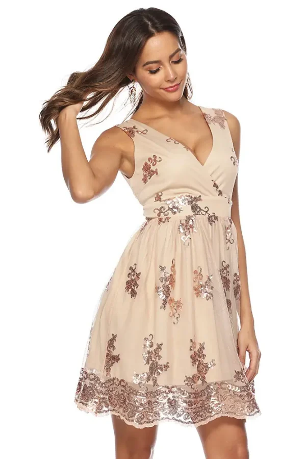 Sequin Embroidered V-Neck Sleeveless Mini Dress Sweet Office Party