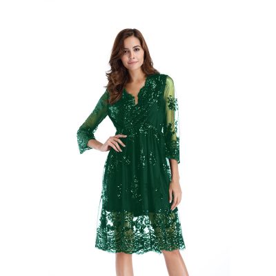 Womens Sequin Embroidered V-Neck Flared Mini Dress