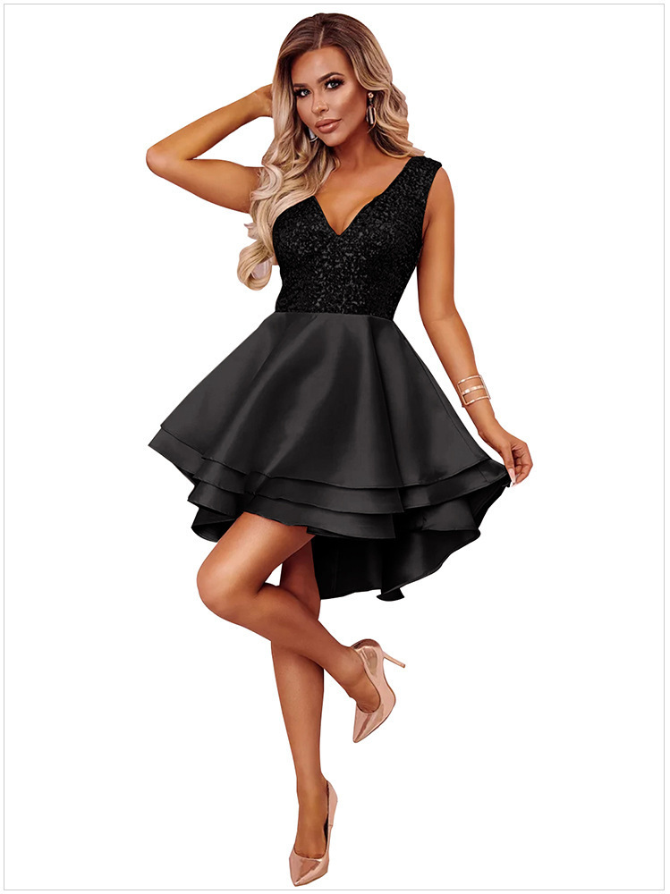 Womens V-Neck Sequin Sleeveless High-Low Cocktail Dress
