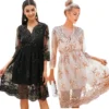 Womens Sequin Embroidered V-Neck Flared Mini Dress