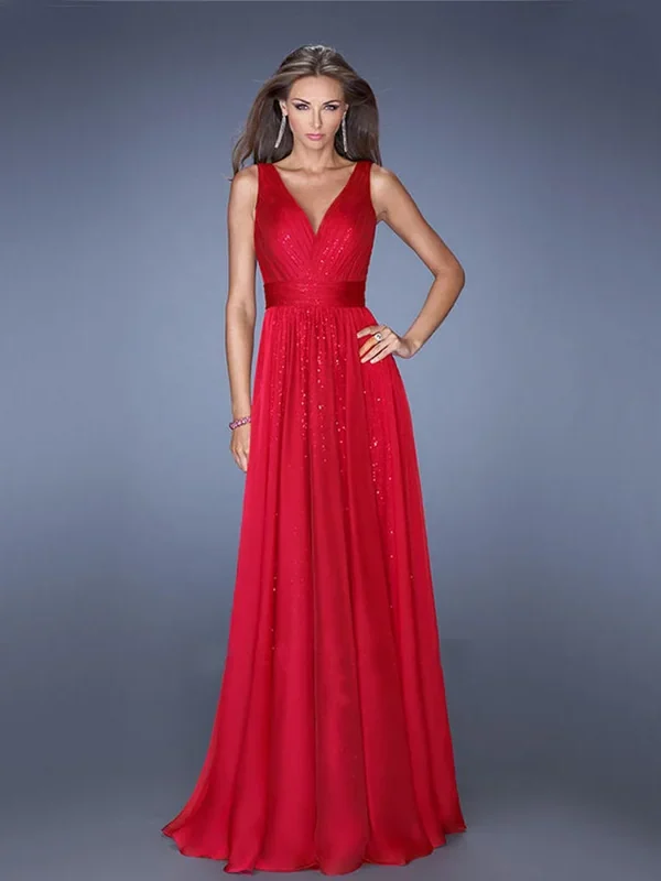 Sequin Dress V-Neck Backless Mesh Waist A-Line Sleeveless Long Evening Gown