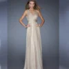 Sequin Dress V-Neck Backless Mesh Waist A-Line Sleeveless Long Evening Gown