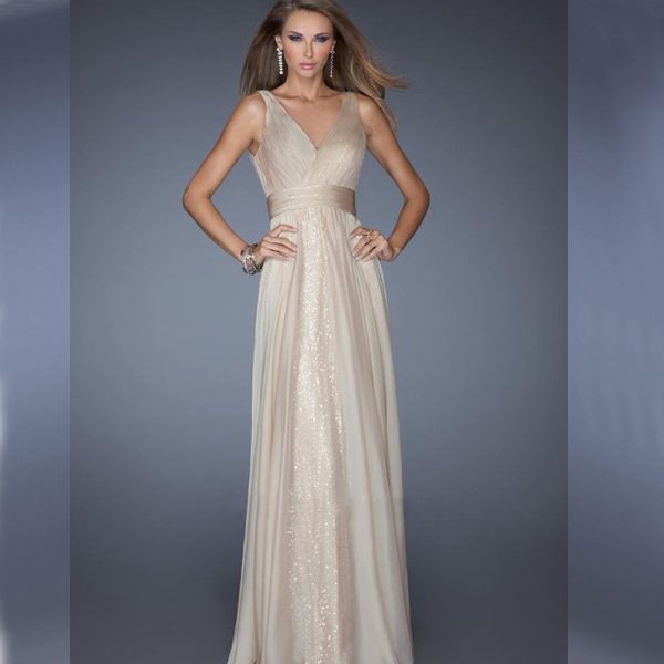 Sequin Dress V-Neck Backless Mesh Waist A-Line Sleeveless Long Evening Gown