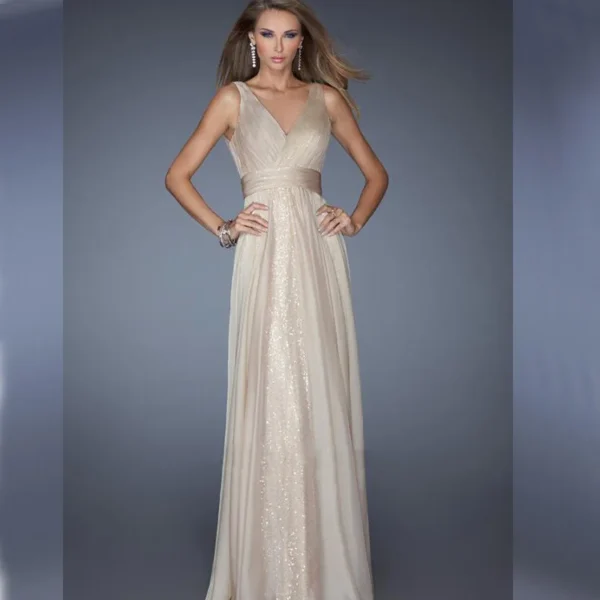 Sequin Dress V-Neck Backless Mesh Waist A-Line Sleeveless Long Evening Gown