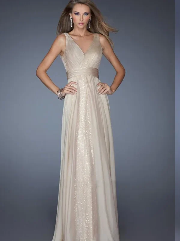Sequin Dress V-Neck Backless Mesh Waist A-Line Sleeveless Long Evening Gown