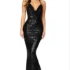 Sequin Backless Mermaid Evening Dress Spaghetti Strap Bodycon Maxi Gown