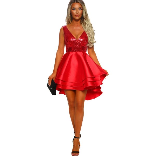 Womens V-Neck Sequin Sleeveless High-Low Cocktail Dress