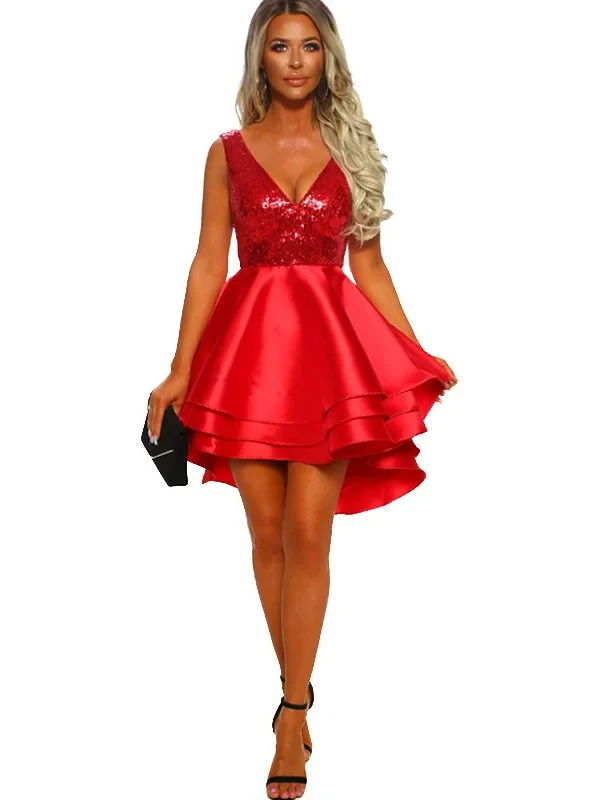 Womens V-Neck Sequin Sleeveless High-Low Cocktail Dress