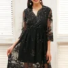 Womens Sequin Embroidered V-Neck Flared Mini Dress