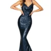 Sequin Backless Mermaid Evening Dress Spaghetti Strap Bodycon Maxi Gown