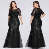 Plus Size Sequin Tulle Mermaid Evening Dress Short Sleeve Floor-Length
