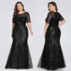 Plus Size Sequin Tulle Mermaid Evening Dress Short Sleeve Floor-Length