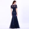 Plus Size Sequin Tulle Mermaid Evening Dress Short Sleeve Floor-Length