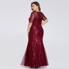 Plus Size Sequin Tulle Mermaid Evening Dress Short Sleeve Floor-Length