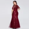 Plus Size Sequin Tulle Mermaid Evening Dress Short Sleeve Floor-Length