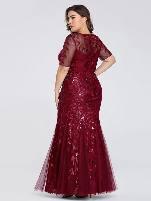 Plus Size Sequin Tulle Mermaid Evening Dress Short Sleeve Floor-Length