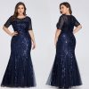 Plus Size Sequin Tulle Mermaid Evening Dress Short Sleeve Floor-Length